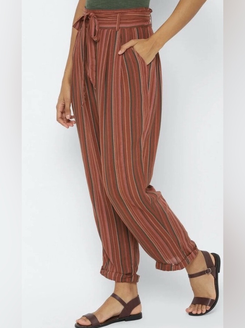 American Eagle Outfitters High Waist Rust Striped Paperbag Waist Pants Small